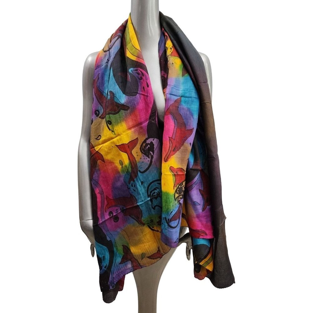 Sarong Wrap New Brown Pink Blue Fish Dolphins Rectangle Bali 67 x 41